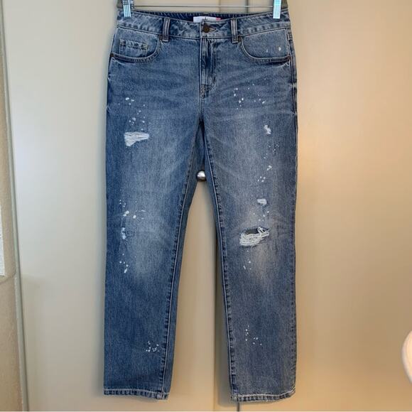 Cabi Womens Boyfriend Jeans Size 2 Distressed Straight Cropped Paint Splatter - Picture 4 of 16